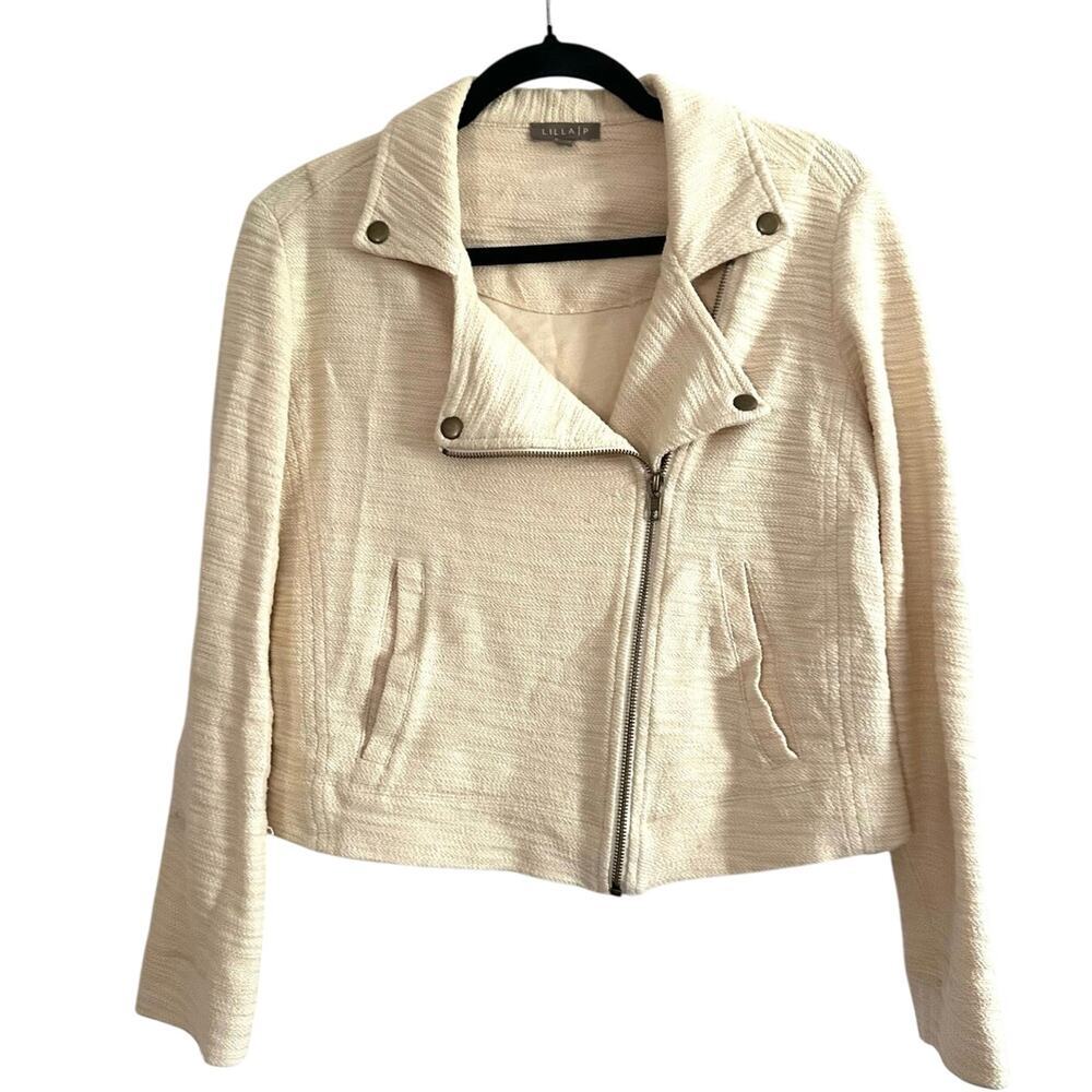 LILLA P Anthropologie Cream Cotton Cropped Crop Moto Jacket - Sz Small